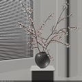 Textured Ceramic Vase With Pink Flower Branches by White Window Blinds on White Pedestal