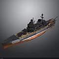 Military Warship Water Transport Vehicle Featuring Turrets Deck And Smokestack Design