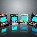Classic Arcade Machines With Four Units Blue Screens And Colorful Graphics