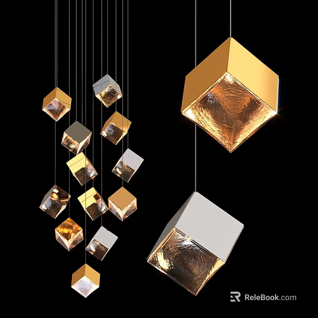 Modern Cube Pendant Lights With Gold Silver Metallic Finish For Interior Decor 3d model 
