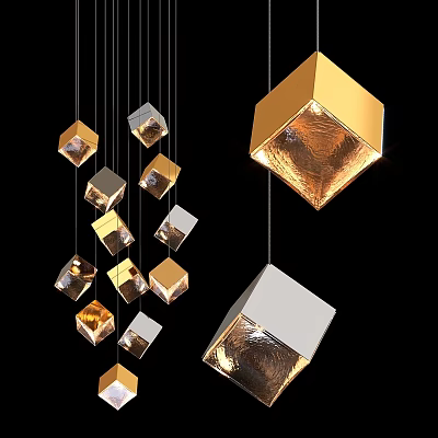 Modern Cube Pendant Lights With Gold Silver Metallic Finish For Interior Decor 3d model