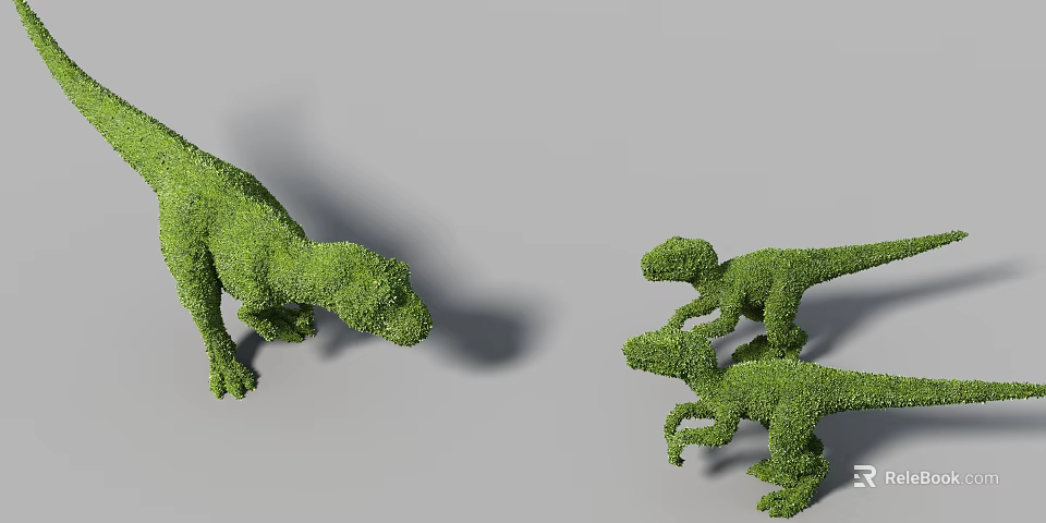 Green Shrub Topiary Sculpted into Dinosaur Shapes with Large and Small Figures 3d model 