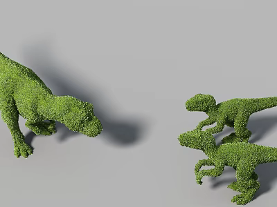 Green Shrub Topiary Sculpted into Dinosaur Shapes with Large and Small Figures 3d model