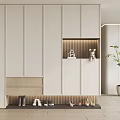Modern Light Colored Shoe Cabinet With Built In Design Open Bottom Shelf And Decorative Niche