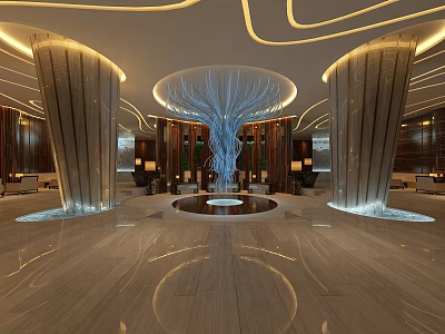 Modern Luxury Sales Office Lobby With Round Chandelier Elegant Columns Marble Floor And Water Feature 3d model