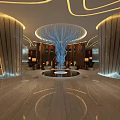 Modern Luxury Sales Office Lobby With Round Chandelier Elegant Columns Marble Floor And Water Feature
