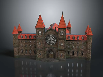 Castle Style Building with Red Spires Circular Clock and Stone Exterior 3d model