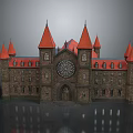 Castle Style Building with Red Spires Circular Clock and Stone Exterior
