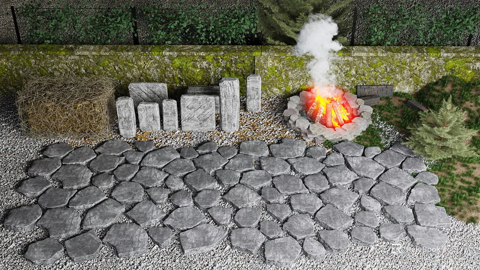 Park Landscape Featuring Stone Paved Path Stone Pillars Burning Fire Pit And Greenery 3d model 