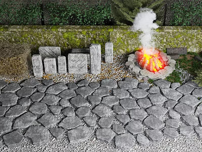Park Landscape Featuring Stone Paved Path Stone Pillars Burning Fire Pit And Greenery 3d model