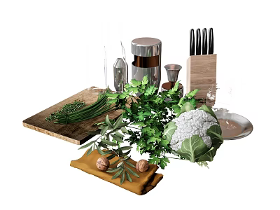 Fresh Vegetables Cauliflower Olives and Herbs on Wooden Cutting Board with Knives Spice Jars 3d model
