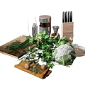Fresh Vegetables Cauliflower Olives and Herbs on Wooden Cutting Board with Knives Spice Jars