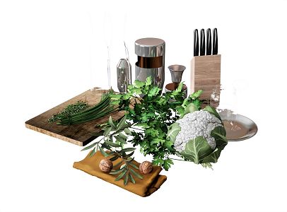 Modern Vegetable Food Drink Celery Leaves Vegetable Cutting Board Walnut Knife and Fork Garlic Seedling 3d model