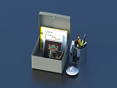 Open Gray Box With Notebook Colorful Pens Metal Pen Holder And Magnifying Glass 3d model