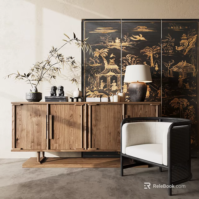 Rustic Wooden Console Cabinet With Bamboo Plant Lamp And Decorative Screen 3d model 