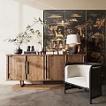 Rustic Wooden Console Cabinet With Bamboo Plant Lamp And Decorative Screen