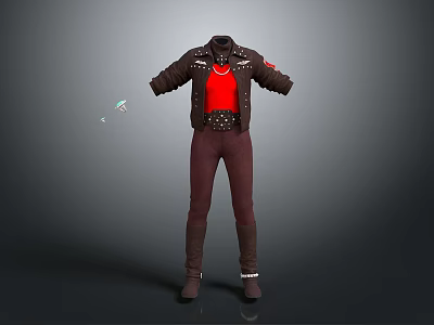 Studded Leather Jacket With Red Shirt Dark Pants And Boots Fashion Outfit 3d model