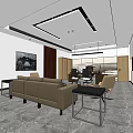 Modern Office Interior Featuring Sofa Tables Chairs Large Windows And Wall Painting 3d model