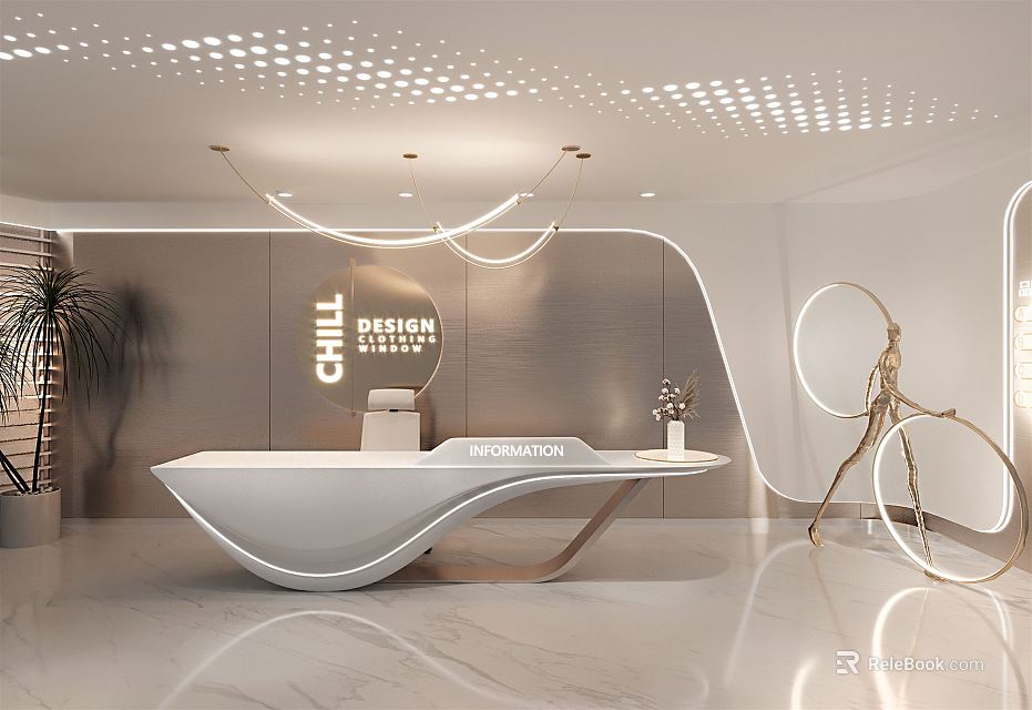 Modern Luxury Reception Desk With Curved White Counter CHILL DESIGN Logo Circular Lights Decorative Sculpture 3d model 