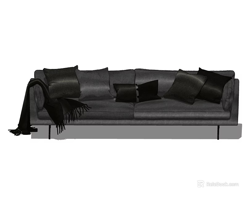 Modern Gray Two Seater Sofa With Black Pillows And Soft Throw Blanket 3d model