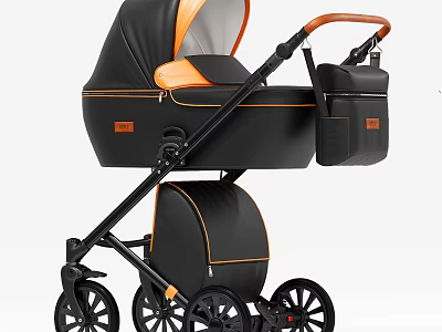 Modern Black And Orange Baby Pram With Leather Material And Storage Bag 3d model