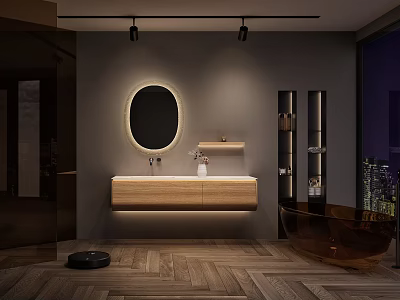Modern Wall Mounted Bathroom Cabinet With Round Mirror And LED Light 3d model
