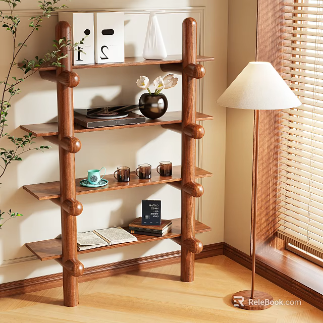 Wooden Shelving Unit With Shelves Displaying Vase Cups Books And Green Plant By Floor Lamp 3d model 