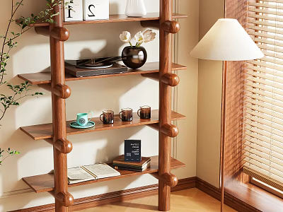 Wooden Shelving Unit With Shelves Displaying Vase Cups Books And Green Plant By Floor Lamp 3d model