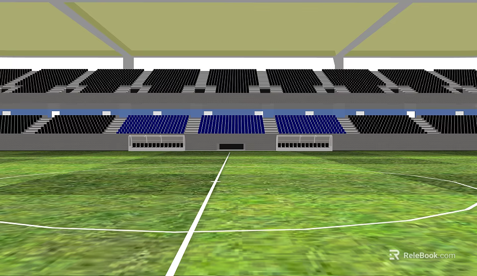 Football Stadium Interior With Green Turf White Lines And Black Blue Seats 3d model 