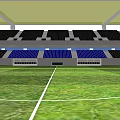 Football Stadium Interior With Green Turf White Lines And Black Blue Seats