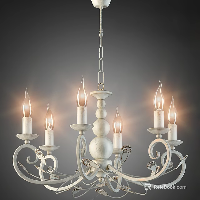 Vintage White Chandelier With Candle Shaped Bulbs Curved Brackets And Carved Details 3d model 