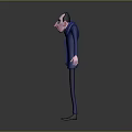 Tall Thin Cartoon Character in Blue Outfit with Open Arms and Surprised Expression