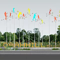 Colorful Human Figure Sculptures on Tall Poles with Background Trees in DASHANHILL International Park