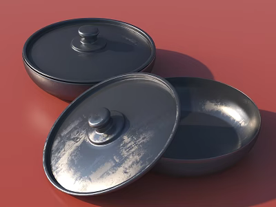 Shiny Metallic Kitchen Cooking Pots With Lids On Red Background Surface 3d model