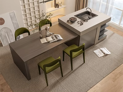 Modern Dining Table Set With Green Chairs Counter Island Sink And Books 3d model