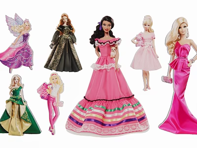 Assorted Fashion Doll Hanging Ornaments In Different Dresses And Styles 3d model