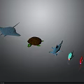 Various Marine Animals Blue Spotted Ray Brown Turtle And Colorful Fish On Grey Background