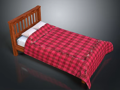 Wooden Bed with Wooden Headboard Red Plaid Blanket and White Pillows 3d model