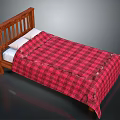 Wooden Bed with Wooden Headboard Red Plaid Blanket and White Pillows