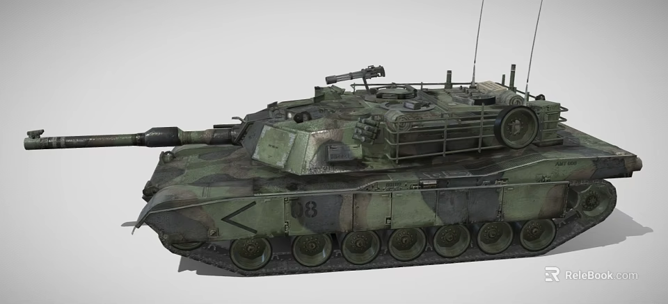 Green Camouflage Military Tank With Main Cannon Tracks And Top Mounted Machine Gun 3d model 