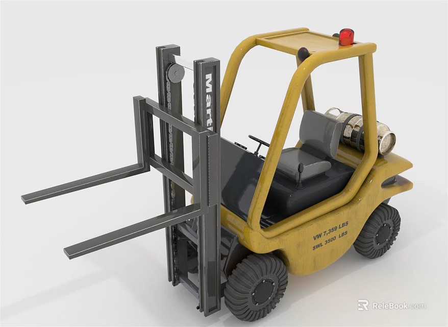 Yellow Industrial Forklift With Front Forks Operator Seat Red Warning Light And Black Tires 3d model 