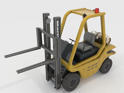 Yellow Industrial Forklift With Front Forks Operator Seat Red Warning Light And Black Tires 3d model