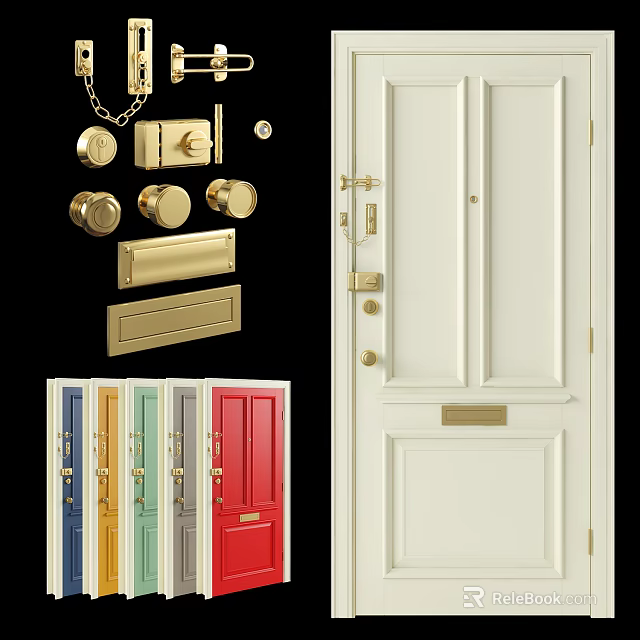 Stylish Hinged Door Design With Golden Hardware And Various Color Options 3d model 