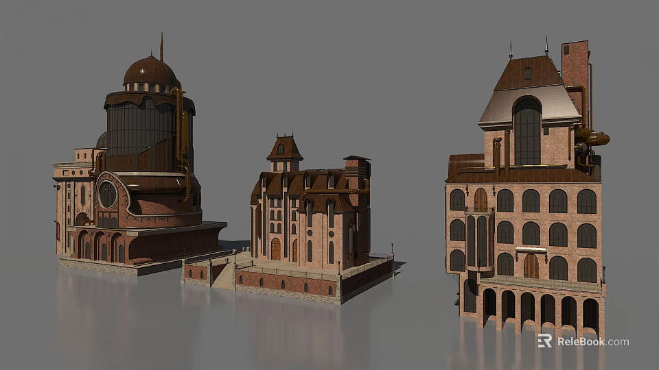 European Architecture 3D Models Featuring Dome Tower Arched Windows And Red Brick 3d model 