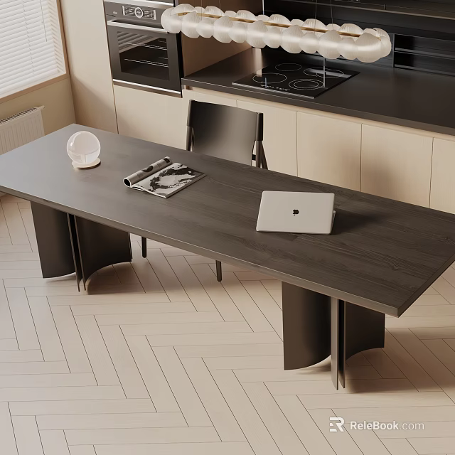 Modern Dining Table Set With Dark Wooden Surface Black Chairs Laptop Magazine And Decorative Item 3d model 