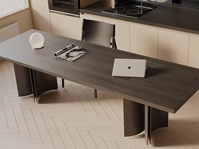 Modern Dining Table Set With Dark Wooden Surface Black Chairs Laptop Magazine And Decorative Item 3d model