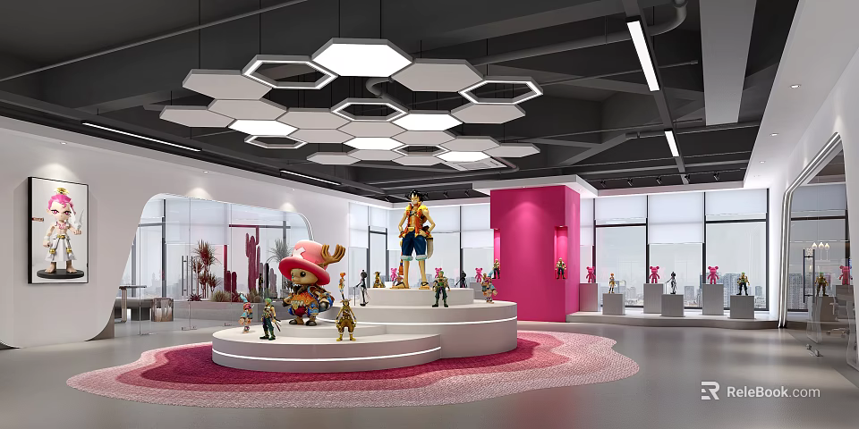 Colorful Figurine Display Area With Circular Platform And Hexagonal Pendant Lights 3d model