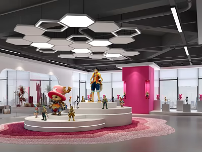 Colorful Figurine Display Area With Circular Platform And Hexagonal Pendant Lights 3d model