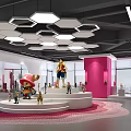 Colorful Figurine Display Area With Circular Platform And Hexagonal Pendant Lights 3d model