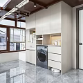 Modern Bathroom Interior Design With Marble Floor Washing Machine Sink And Cabinets